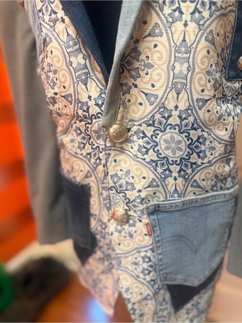 Crown & Ivy Gray Blazer with Blue Paisley and Denim Patchwork - Men’s Blazer - Picture 4 of 11